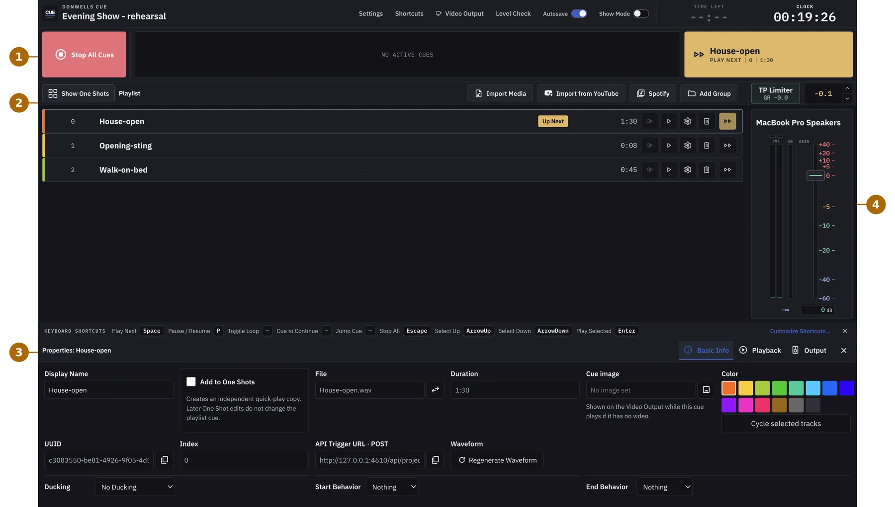 DonWells Cue Edit Mode with playlist, transport, cue Properties, and output console