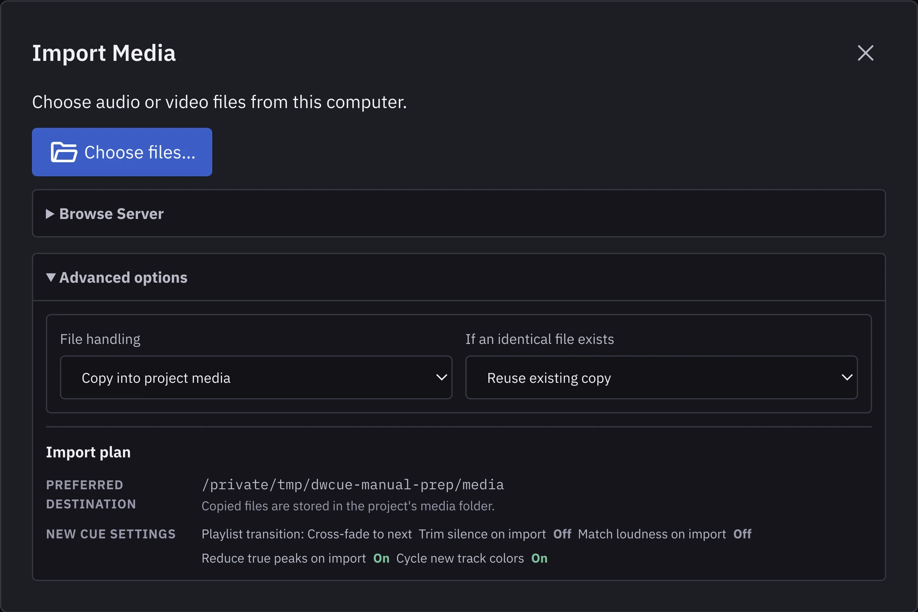 DonWells Cue Import Media dialog with project-copy and duplicate-handling choices