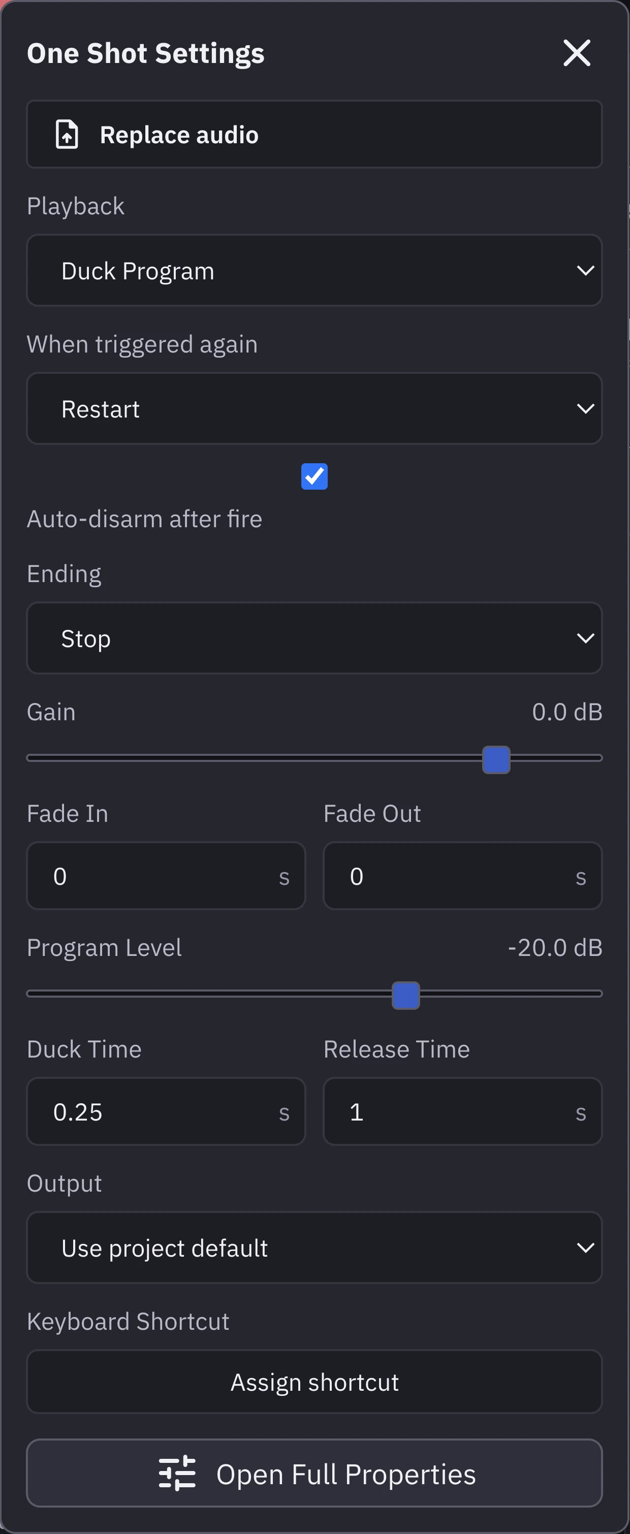 DonWells Cue One Shot settings with playback and ducking behavior controls