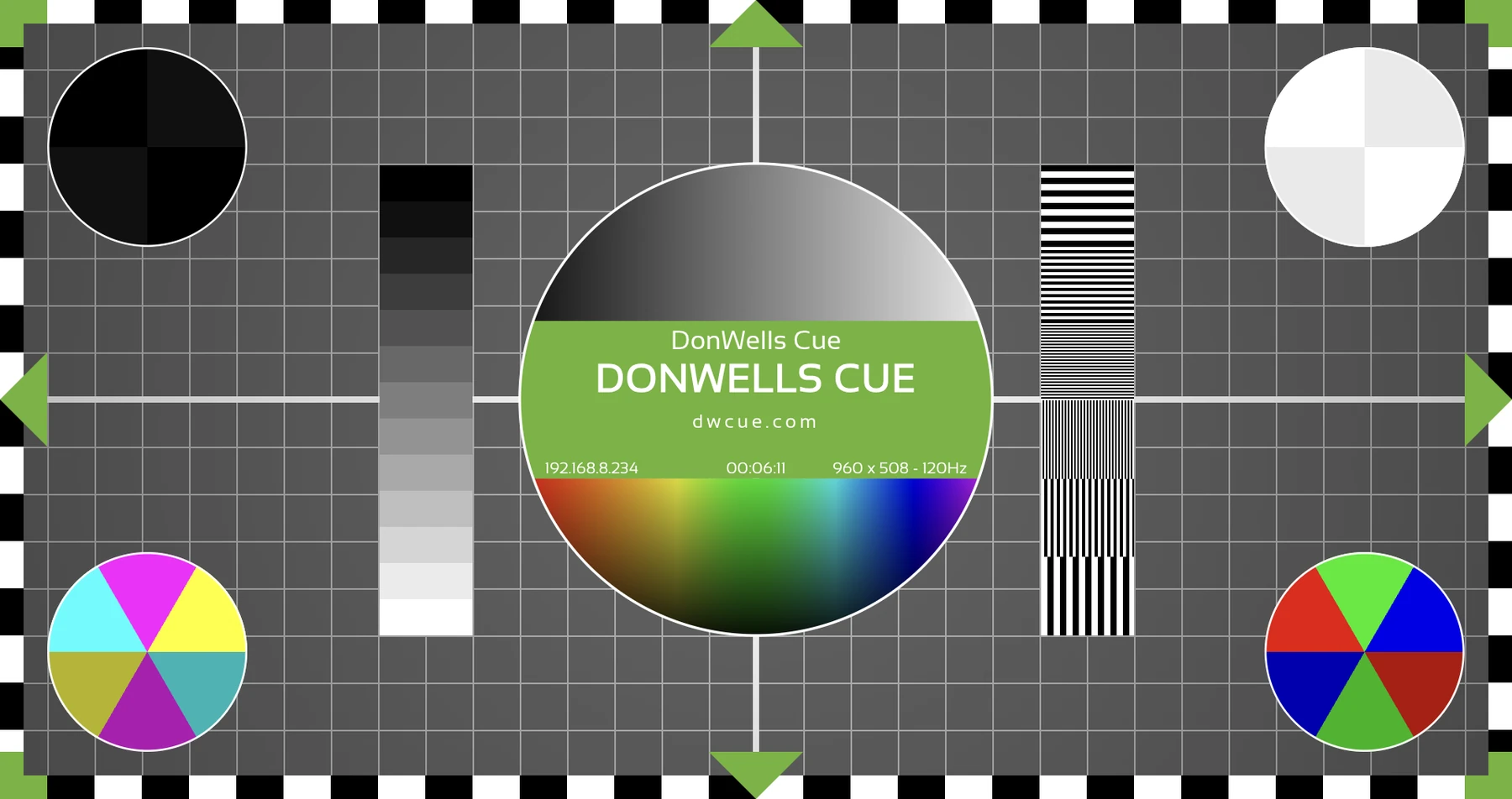 DonWells Cue Video Output test card displayed on a dedicated picture surface